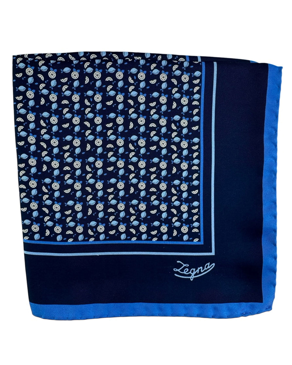 Zegna Silk Pocket Square Navy Blue Lemons