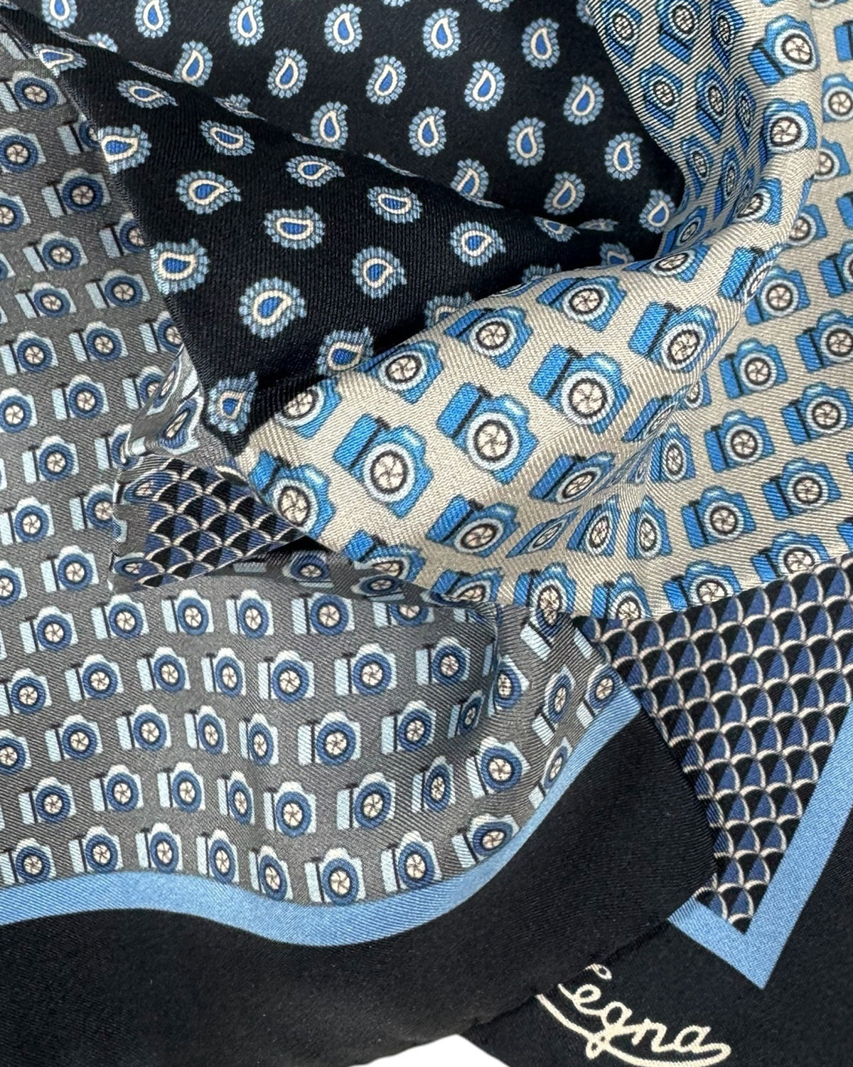 Ermenegildo Zegna Silk Pocket Square Dark Blue Multi-Design SALE