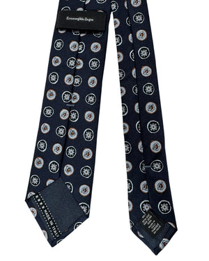 Ermenegildo Zegna Tie Midnight Blue Brown Silver Medallion - Jacquard Silk Narrow Necktie