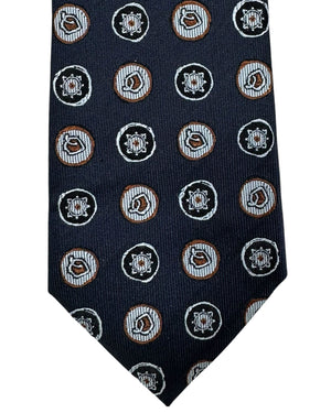 Ermenegildo Zegna Tie Midnight Blue Brown Silver Medallion - Jacquard Silk Narrow Necktie