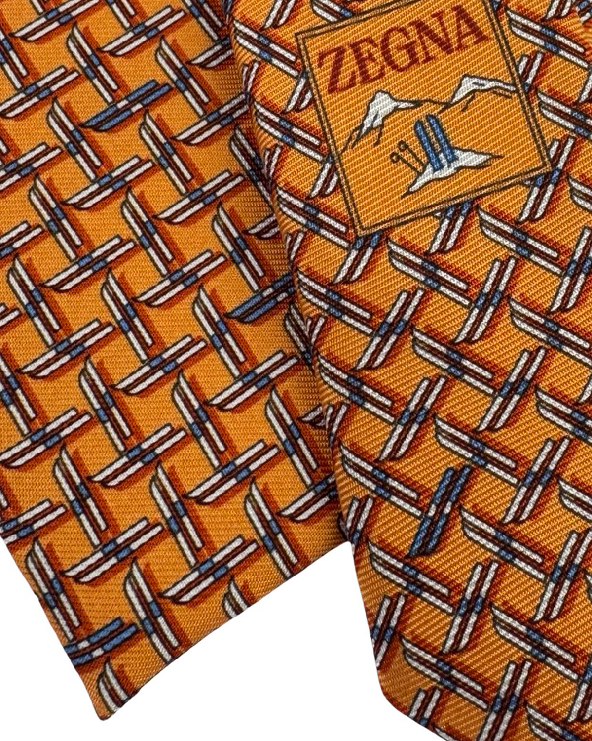 Ermenegildo Zegna Silk Tie Orange Skis Novelty Design