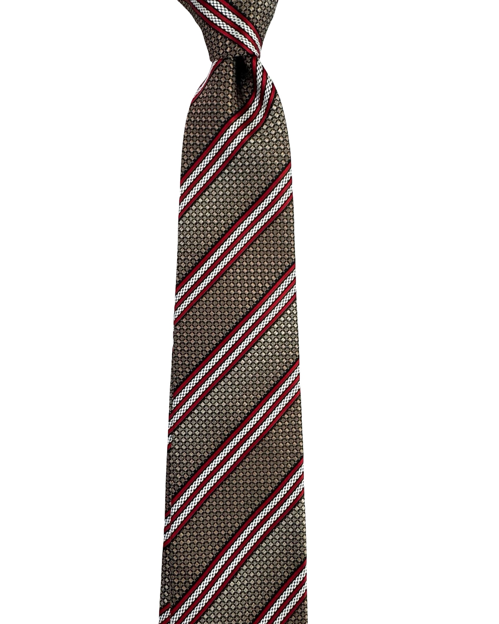 Ermenegildo Zegna Tie Taupe Bordeaux Silver Striped Design - Narrow Cut