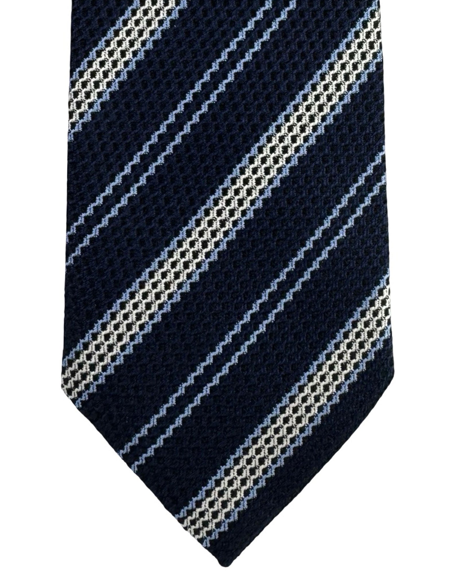 Ermenegildo Zegna Tie Navy Blue Stripes Jacquard Silk - Narrow Cut