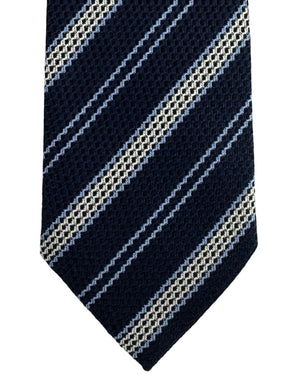 Ermenegildo Zegna Tie Navy Blue Stripes Jacquard Silk - Narrow Cut