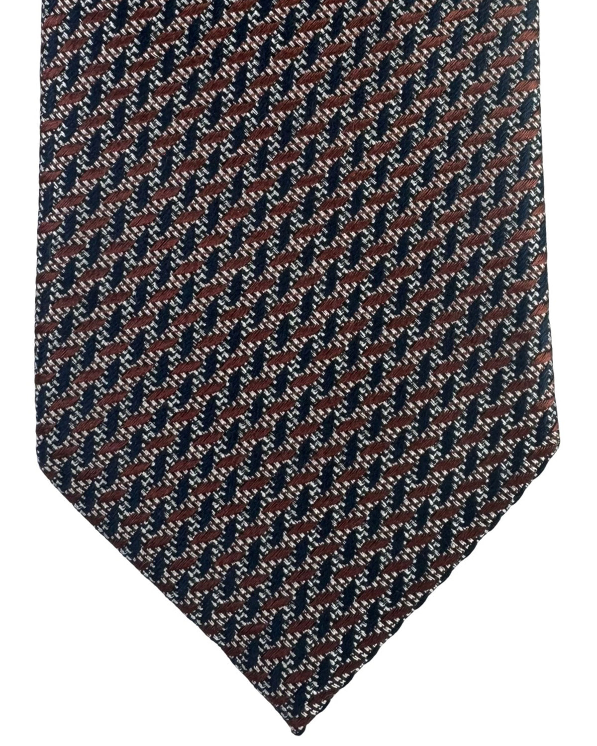 Zegna Silk Tie Brown Midnight Blue Silver Geometric - Zegna Trecapi