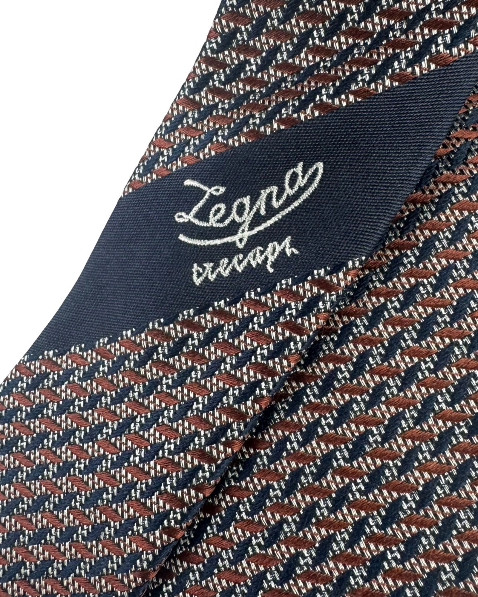 Zegna Silk Tie Brown Midnight Blue Silver Geometric - Zegna Trecapi