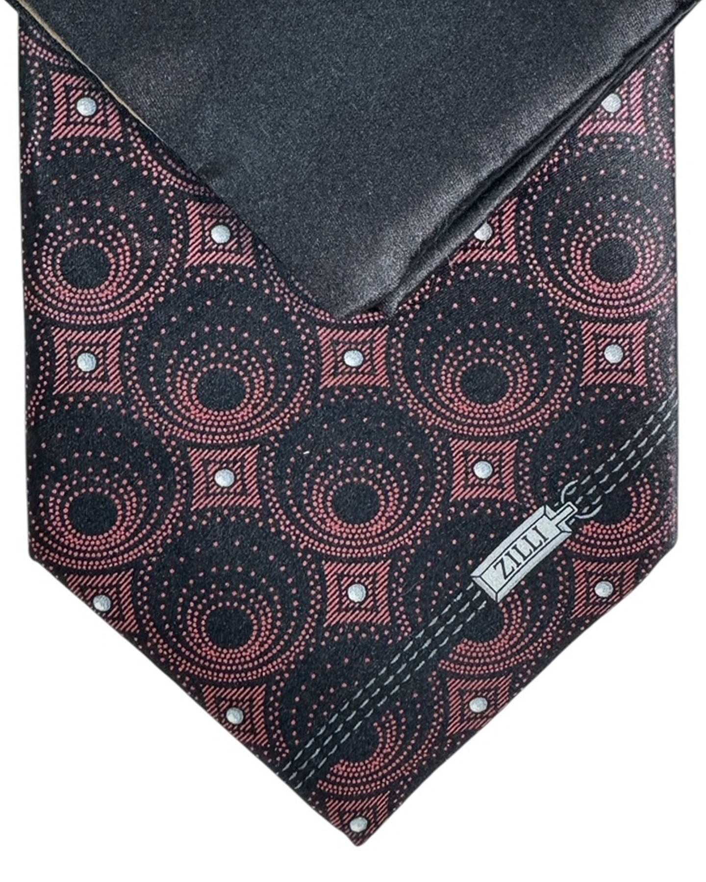 Zilli Silk Tie & Matching Pocket Square Set Black Dust Pink SALE