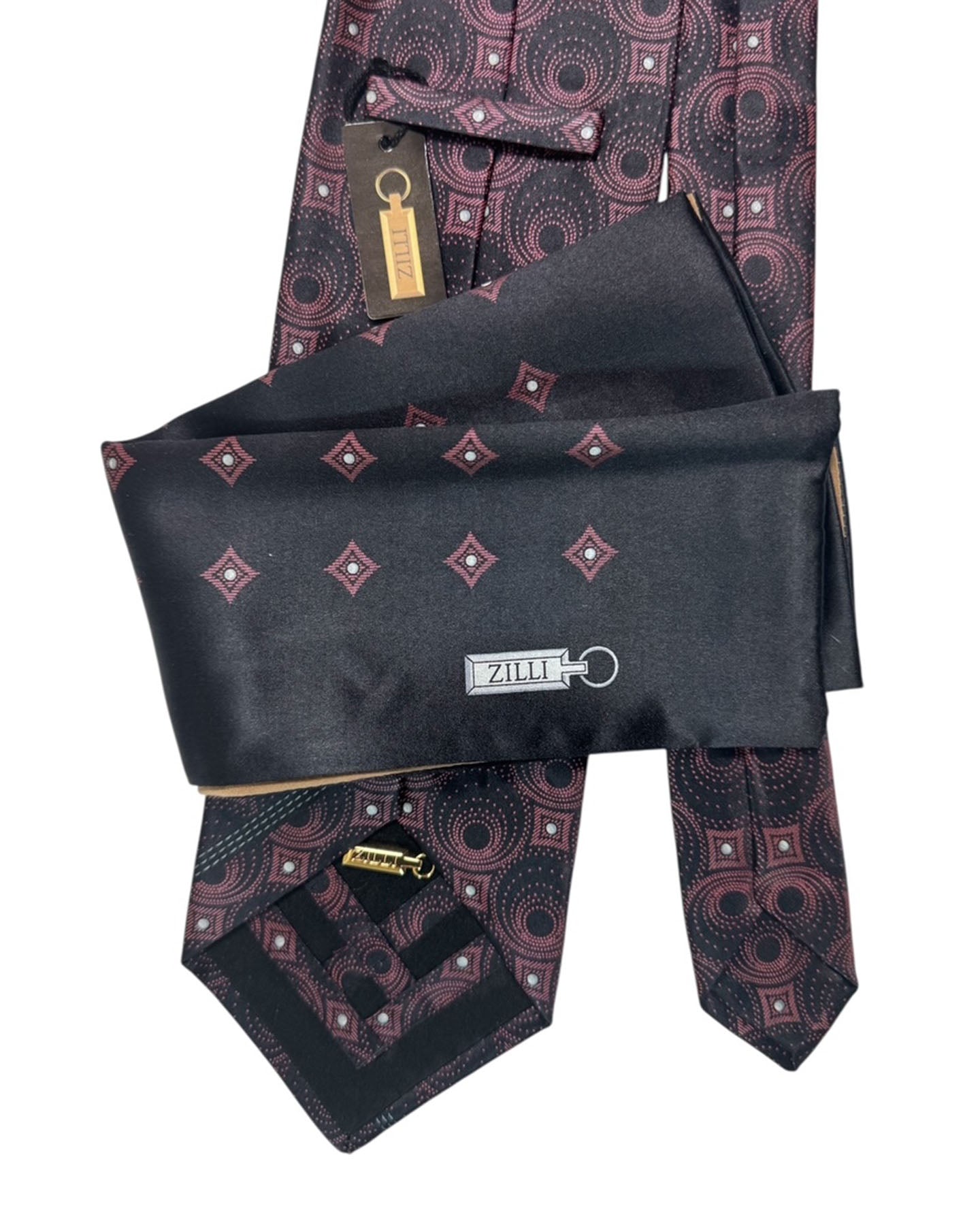 Zilli Silk Tie & Matching Pocket Square Set Black Dust Pink SALE