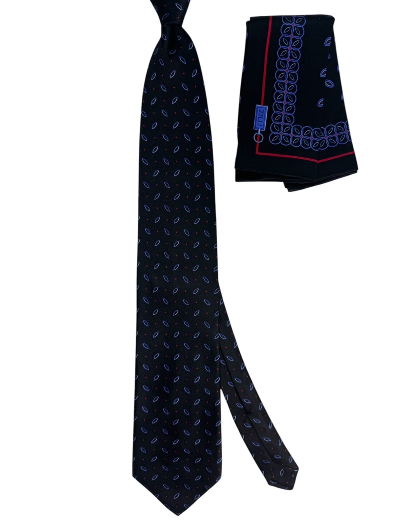 Zilli Silk Tie & Matching Pocket Square Set Black Red Blue Geometric BLACK FRIDAY SALE
