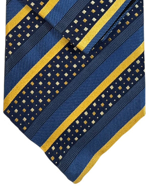 Zilli Silk Tie & Matching Pocket Square Set Midnight Blue Mustard- Gold Stripes