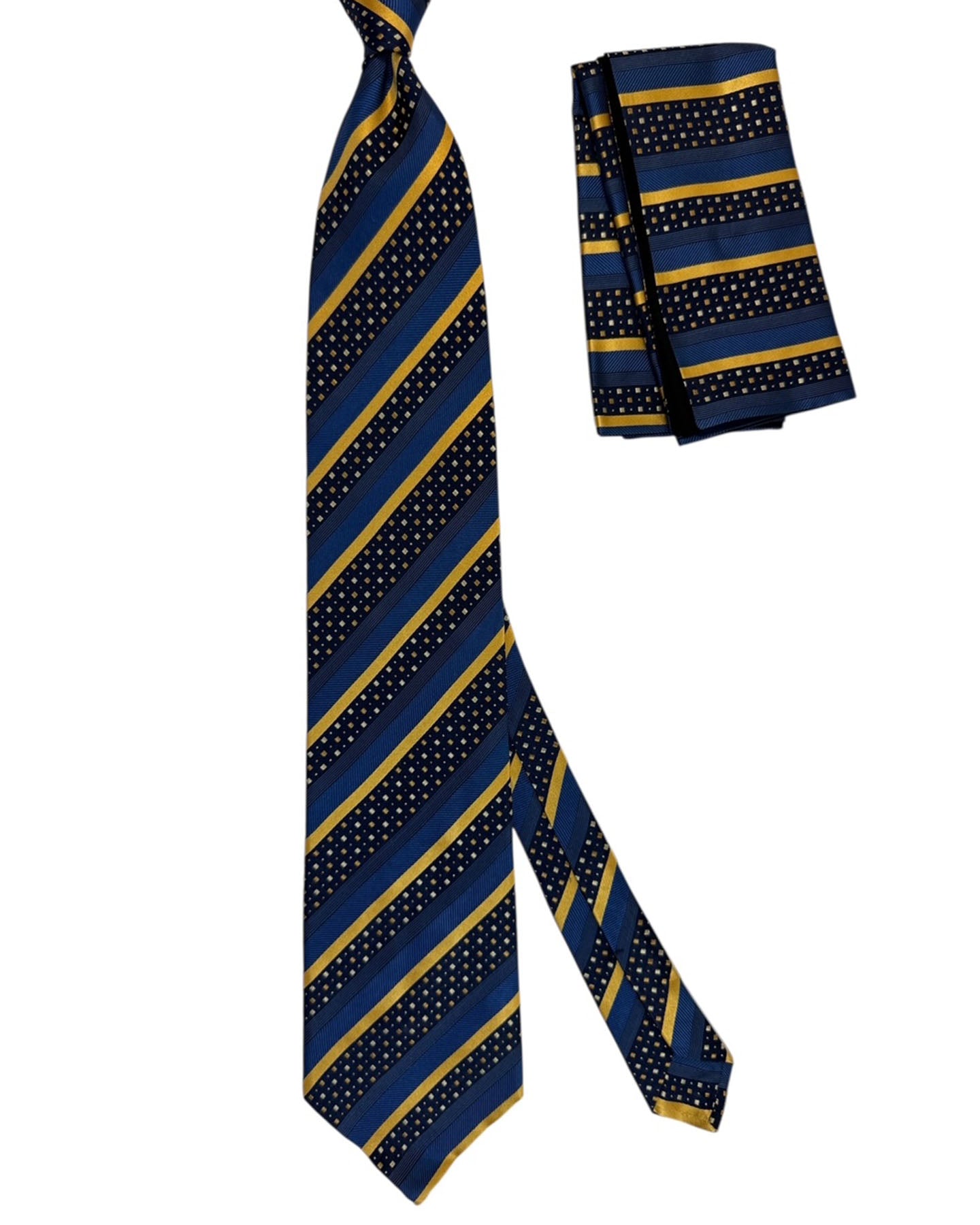 Zilli Silk Tie & Matching Pocket Square Set Midnight Blue Mustard- Gold Stripes