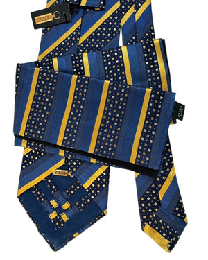 Zilli Silk Tie & Matching Pocket Square Set Navy And Gold Striped