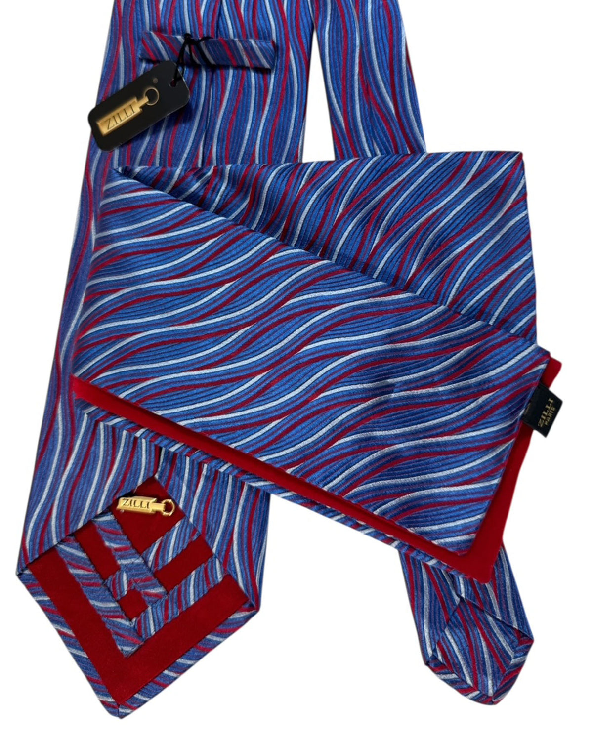 Zilli Silk Tie & Matching Pocket Square Set  Blue And Red Wave Stripe