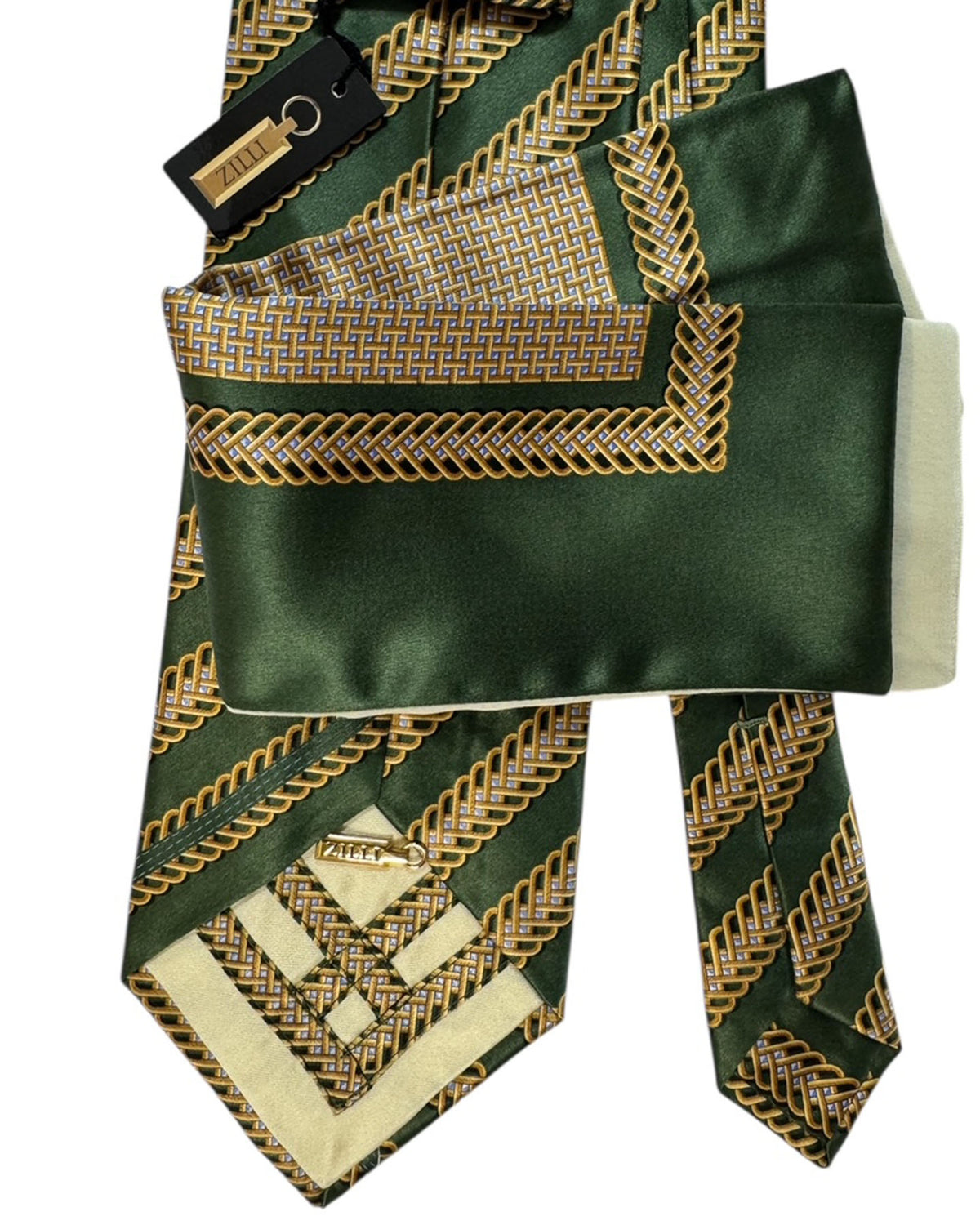 Zilli Silk Tie & Matching Pocket Square Set  Dark Olive Greenery  Gold Stripes