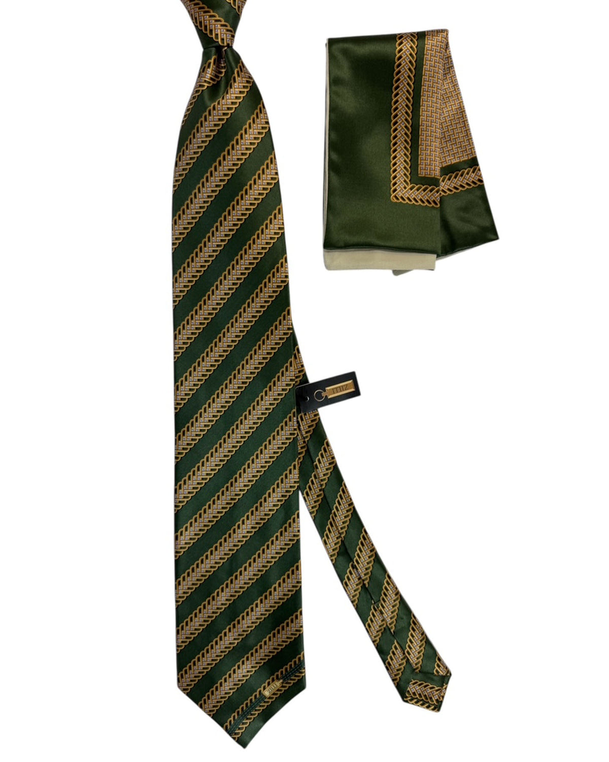 Zilli Silk Tie & Matching Pocket Square Set  Dark Olive Greenery  Gold Stripes
