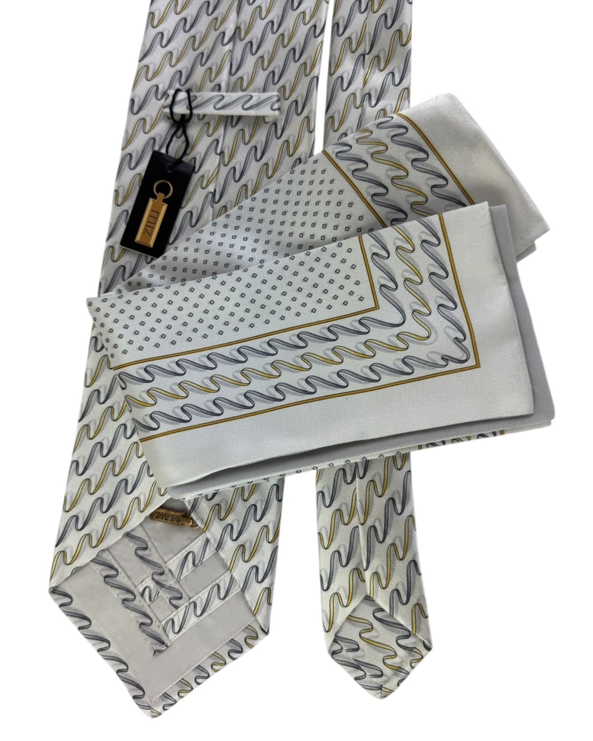 Zilli Silk Tie & Matching Pocket Square Set Ivory And Charcoal Wave