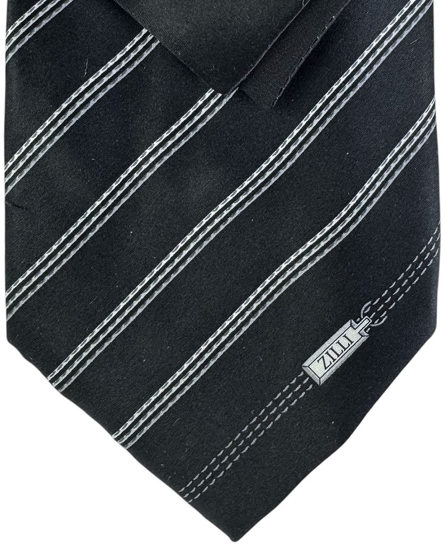 Zilli Silk Tie & Matching Pocket Square Set Black With White Pinstripes