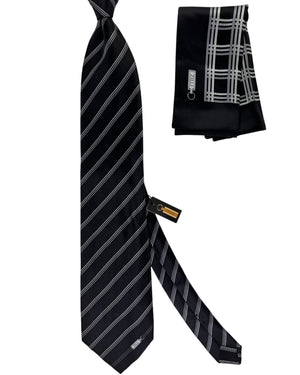 Zilli Silk Tie & Matching Pocket Square Set Black With White Pinstripes