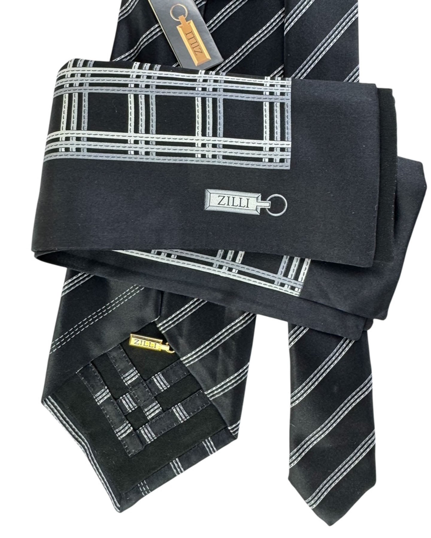 Zilli Silk Tie & Matching Pocket Square Set Black With White Pinstripes