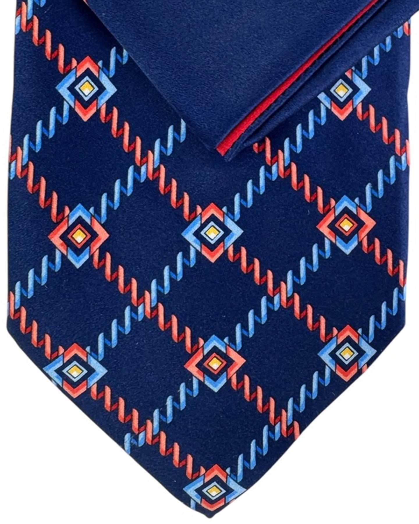 Zilli Silk Tie & Matching Pocket Square Set Navy With Red And Blue Geometric