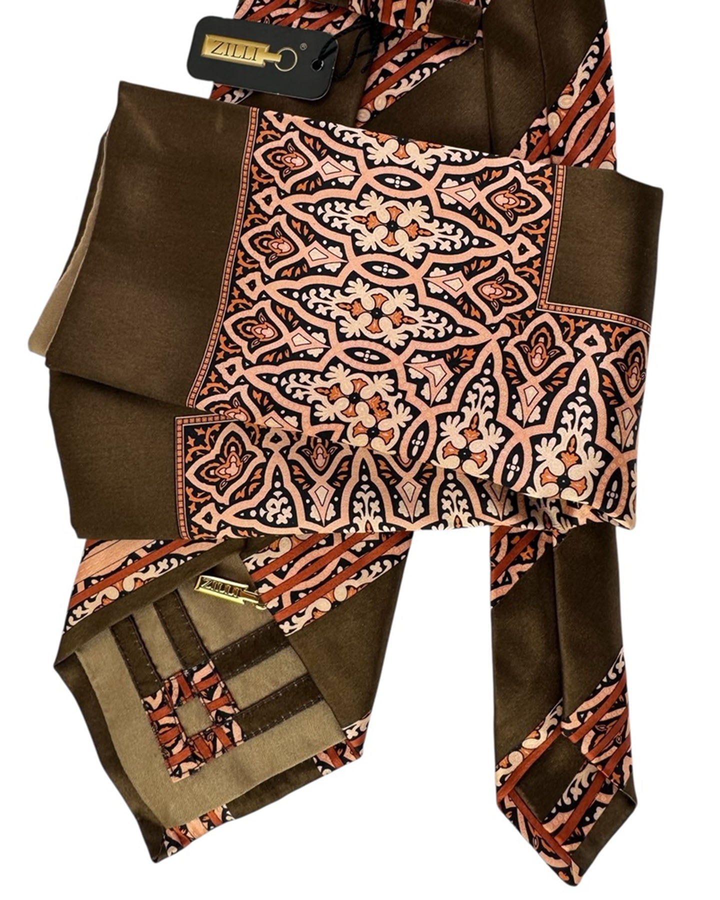 Zilli Silk Tie & Matching Pocket Square Set Brown Orange Peach