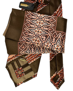 Zilli Silk Tie & Matching Pocket Square Set Olive With Burnt Orange And Peach Scrollwork