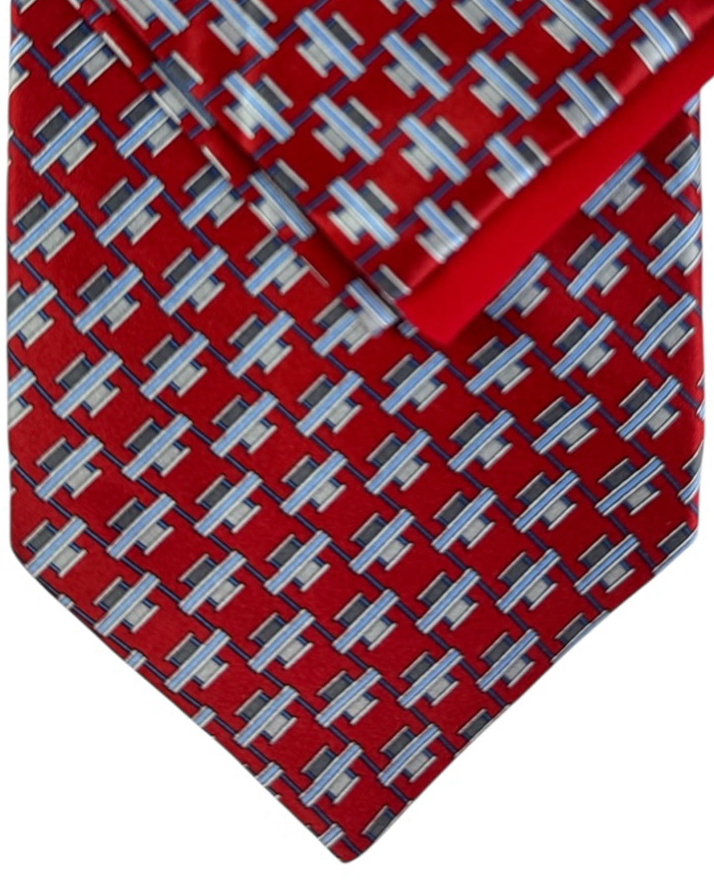 Zilli Silk Tie & Matching Pocket Square Set Red Blue Grey Interlock SALE