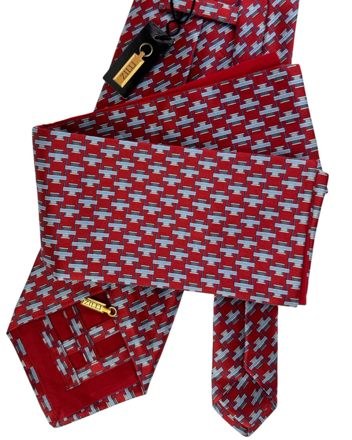 Zilli Silk Tie & Matching Pocket Square Set Red With Blue And Grey Interlock