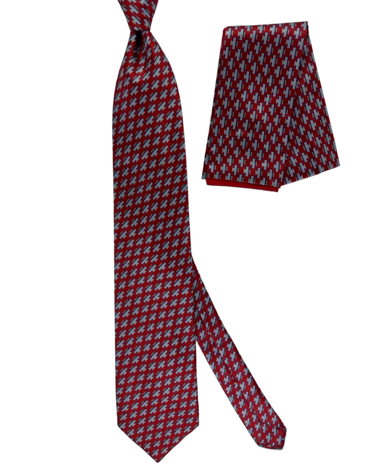 Zilli Silk Tie & Matching Pocket Square Set Red Blue Grey Interlock SALE