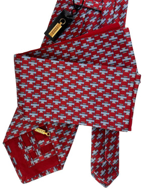Zilli Silk Tie & Matching Pocket Square Set Red With Blue And Grey Interlock