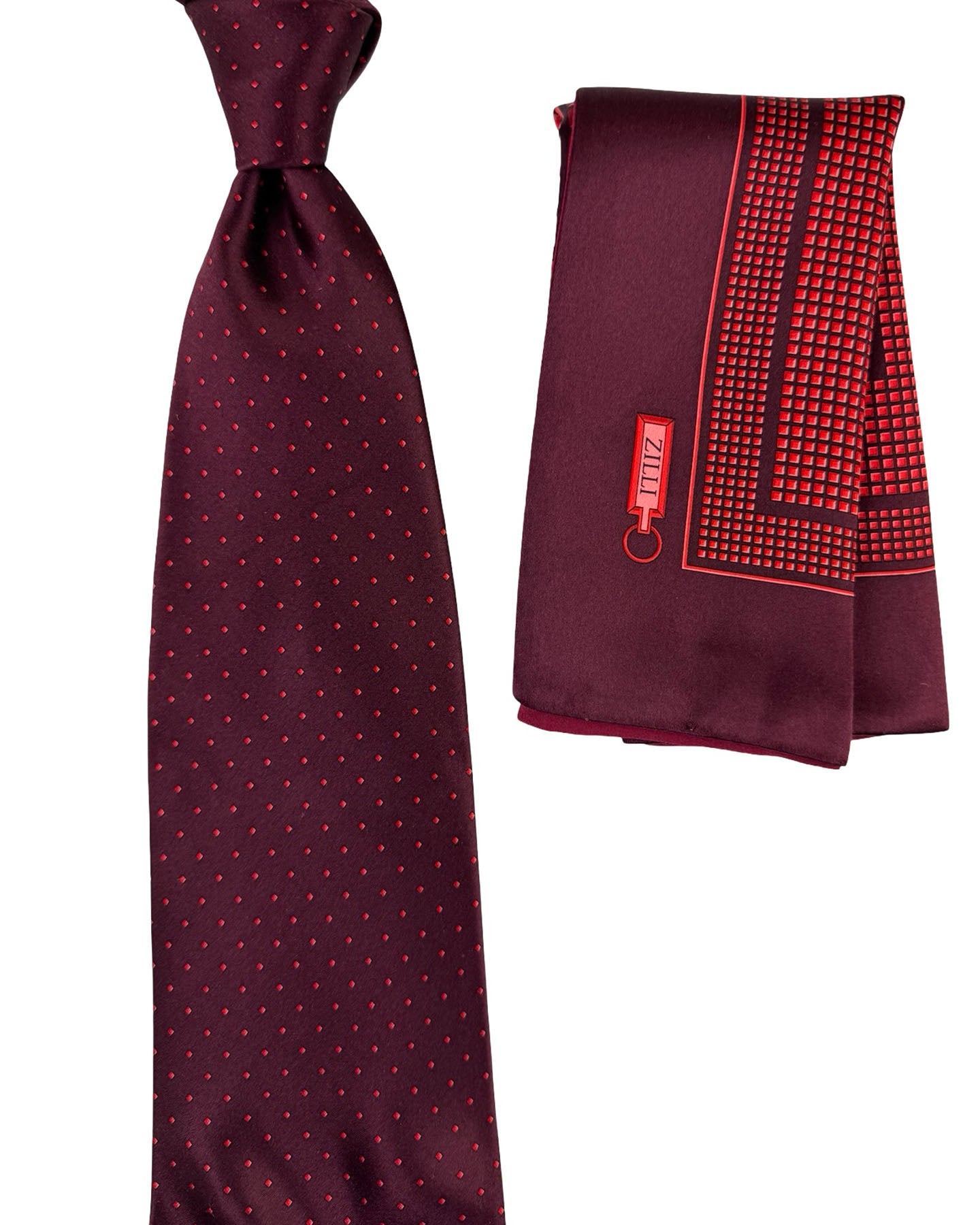 Zilli Tie & Matching Pocket Square Set Burgundy Red Diamond Grid Pattern