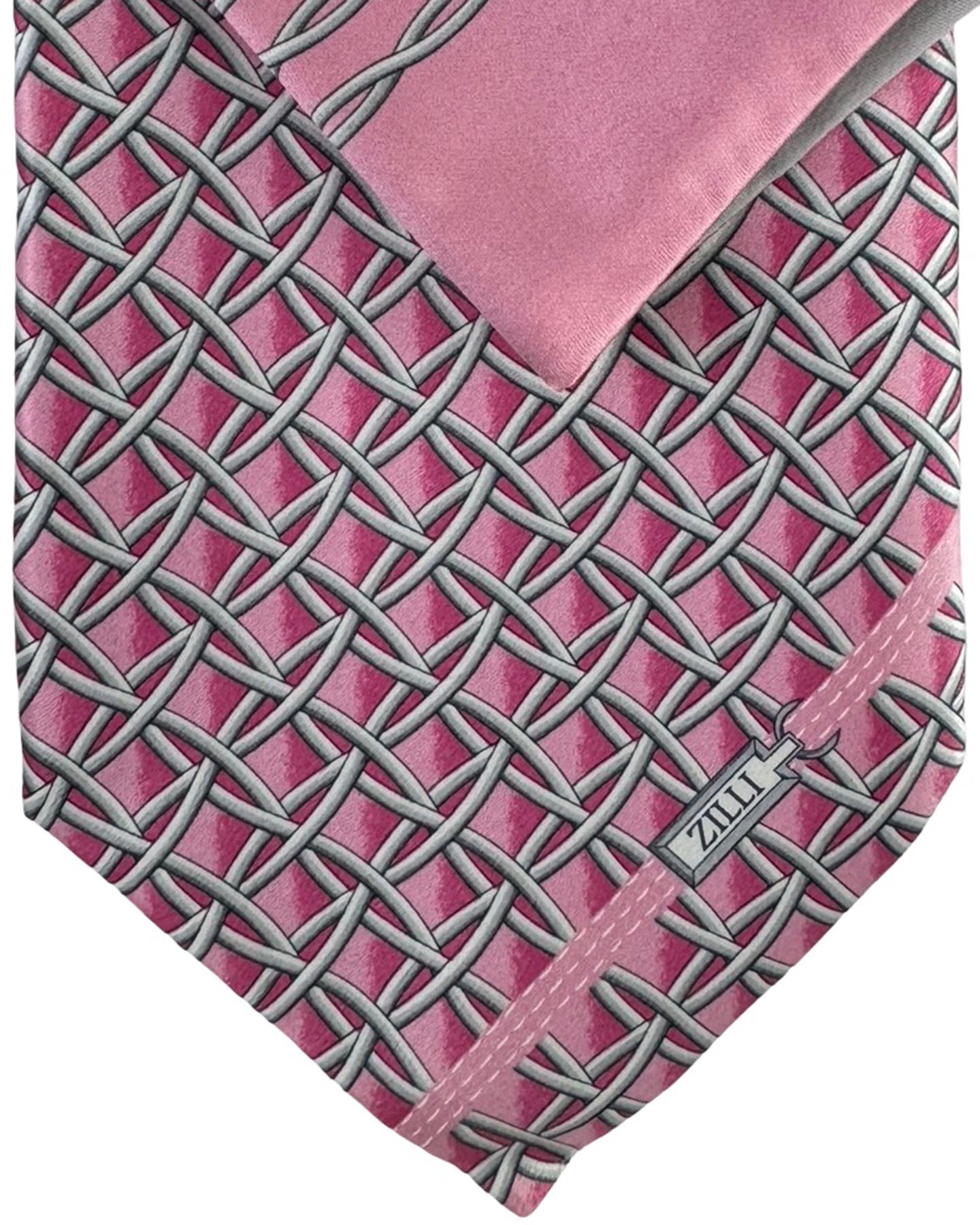 Zilli Tie & Matching Pocket Square Set Pink Gray Lattice