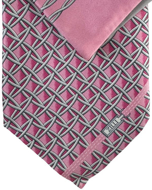 Zilli Tie & Matching Pocket Square Set Pink Gray Lattice
