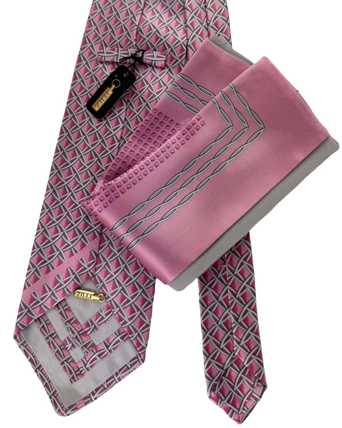 Zilli Tie & Matching Pocket Square Set Pink Interwoven Gray Lattice