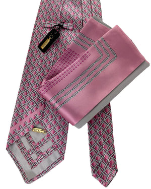 Zilli Tie & Matching Pocket Square Set Pink Interwoven Gray Lattice