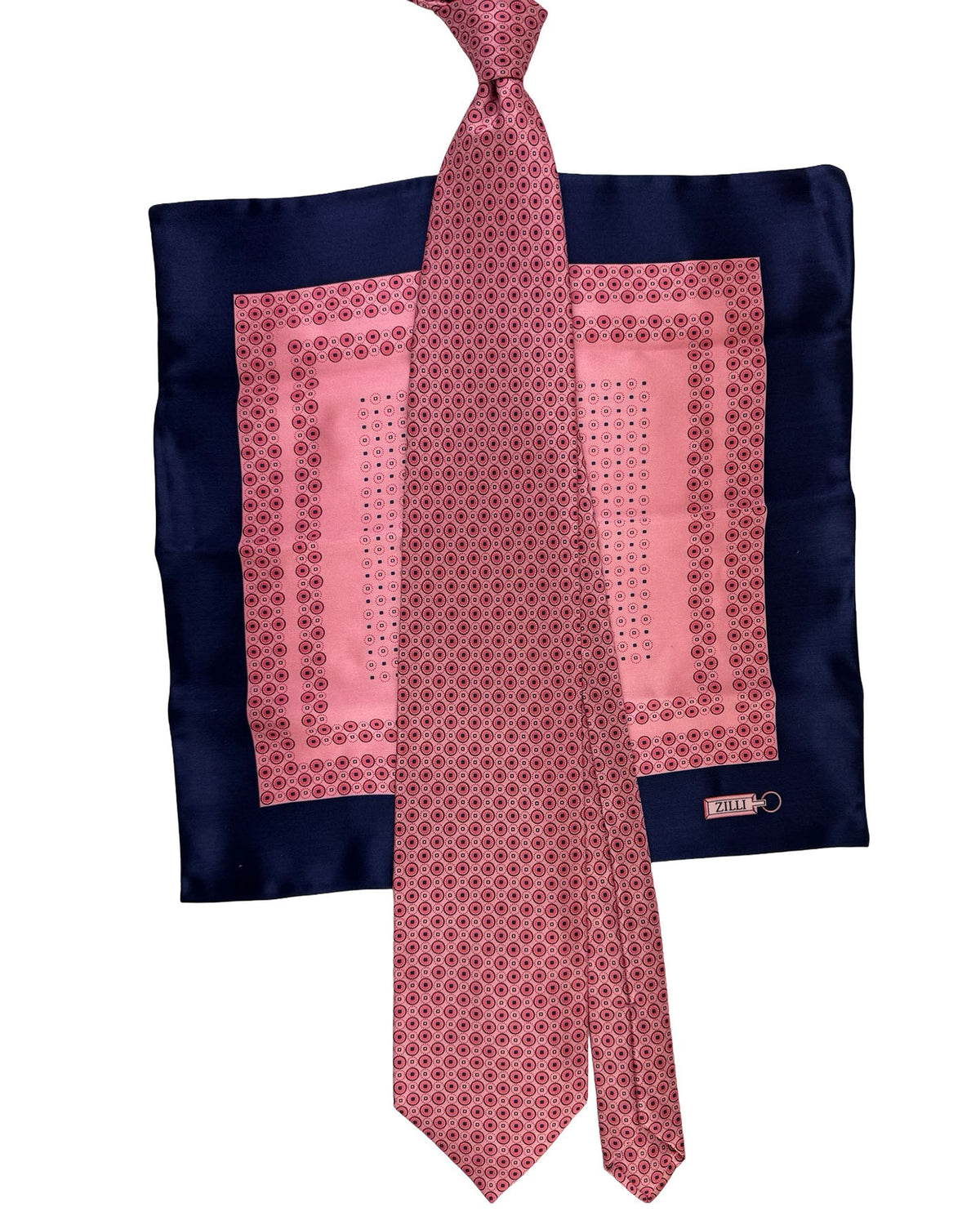 Zilli Tie & Matching Pocket Square Set Pink Navy Medallion Dot Pattern