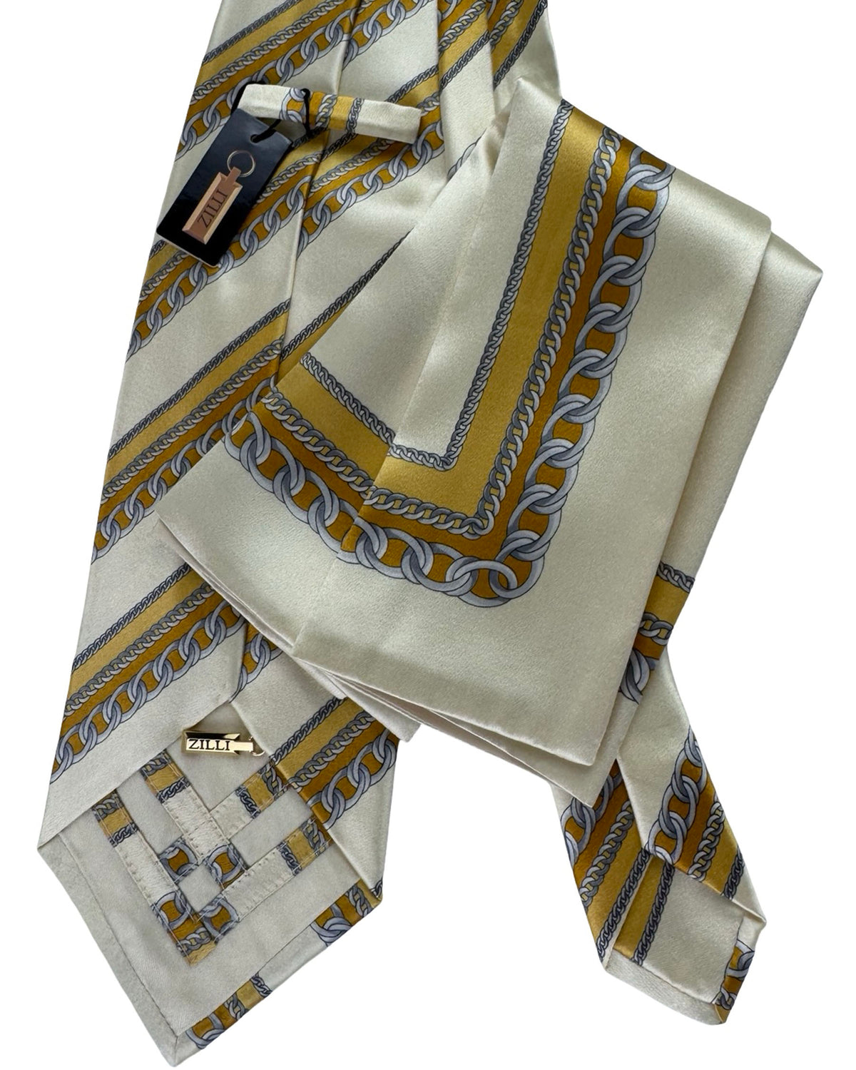 Zilli Tie & Matching Pocket Square Set Cream And Gold Chain Stripe