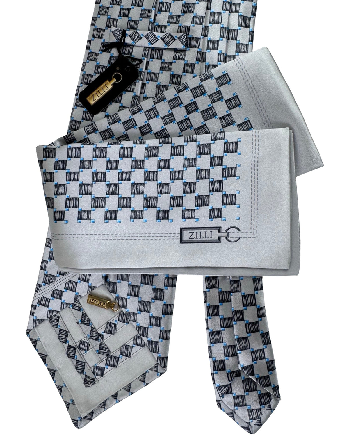 Zilli Tie & Matching Pocket Square Set Grey And Black Checker Grid