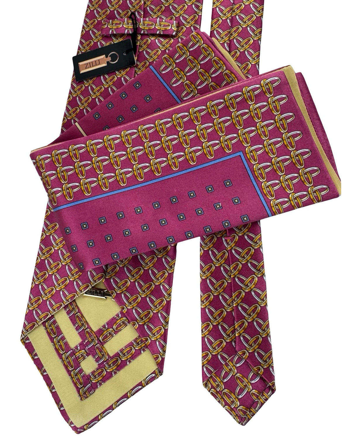 Zilli Tie & Matching Pocket Square Set Magenta And Gold Interlocking Loop Pattern