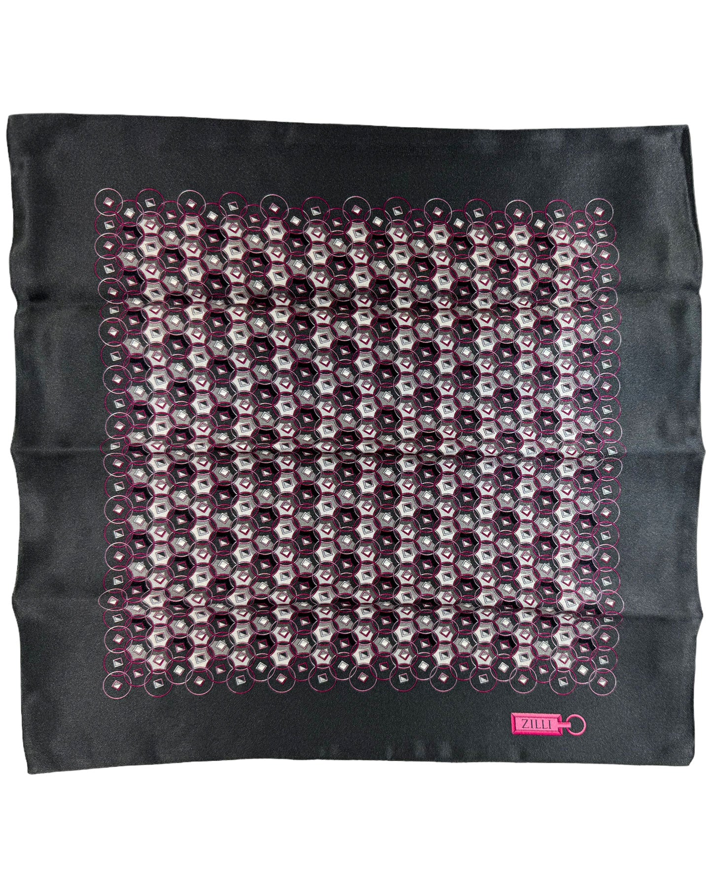 Zilli Silk Pocket Square Black Pink Geometric Design
