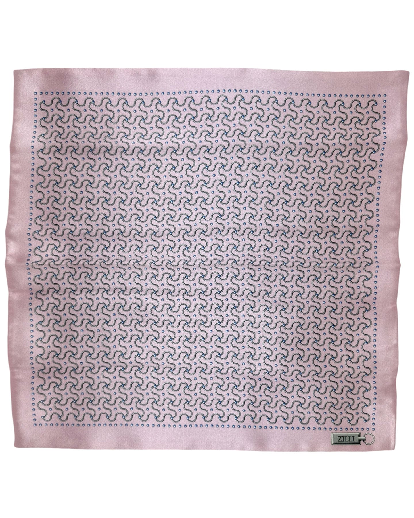 Zilli Silk Pocket Square Pink Silver Geometric Design