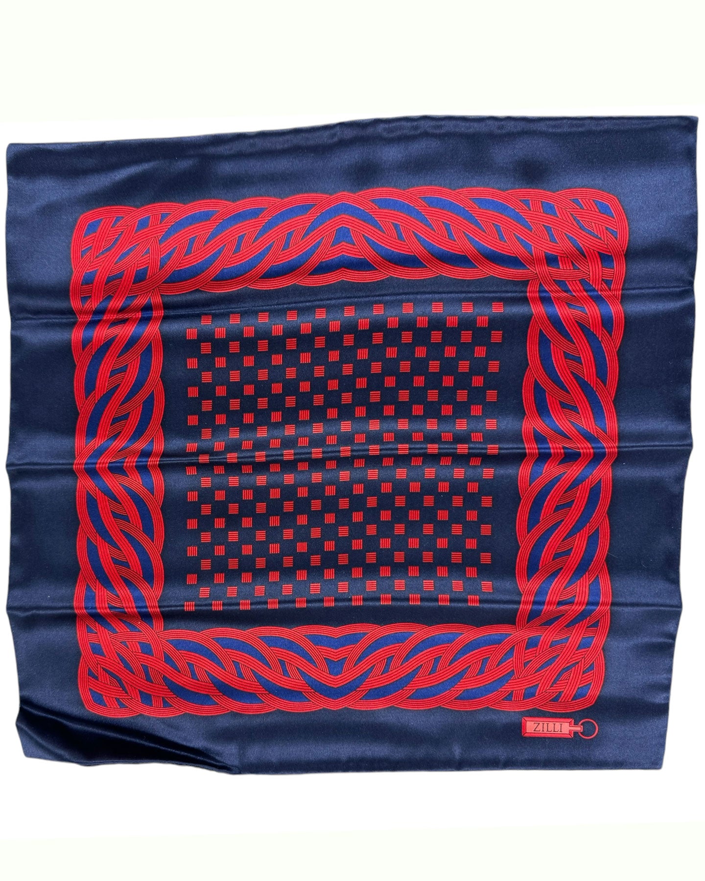 Zilli Silk Pocket Square Dark Blue Red Swirl Design