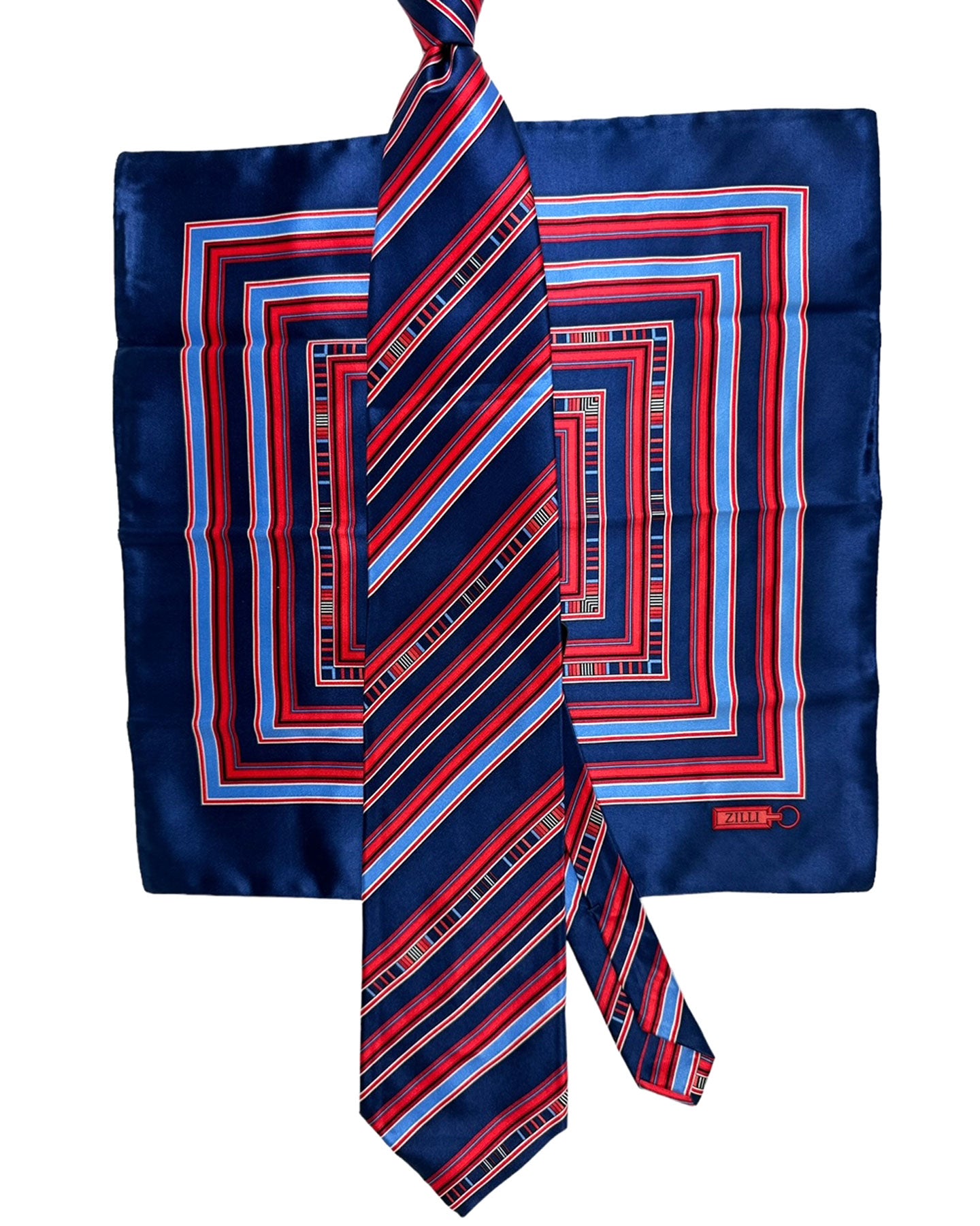 Zilli Tie & Matching Pocket Square Set Navy Red Blue Stripes Design