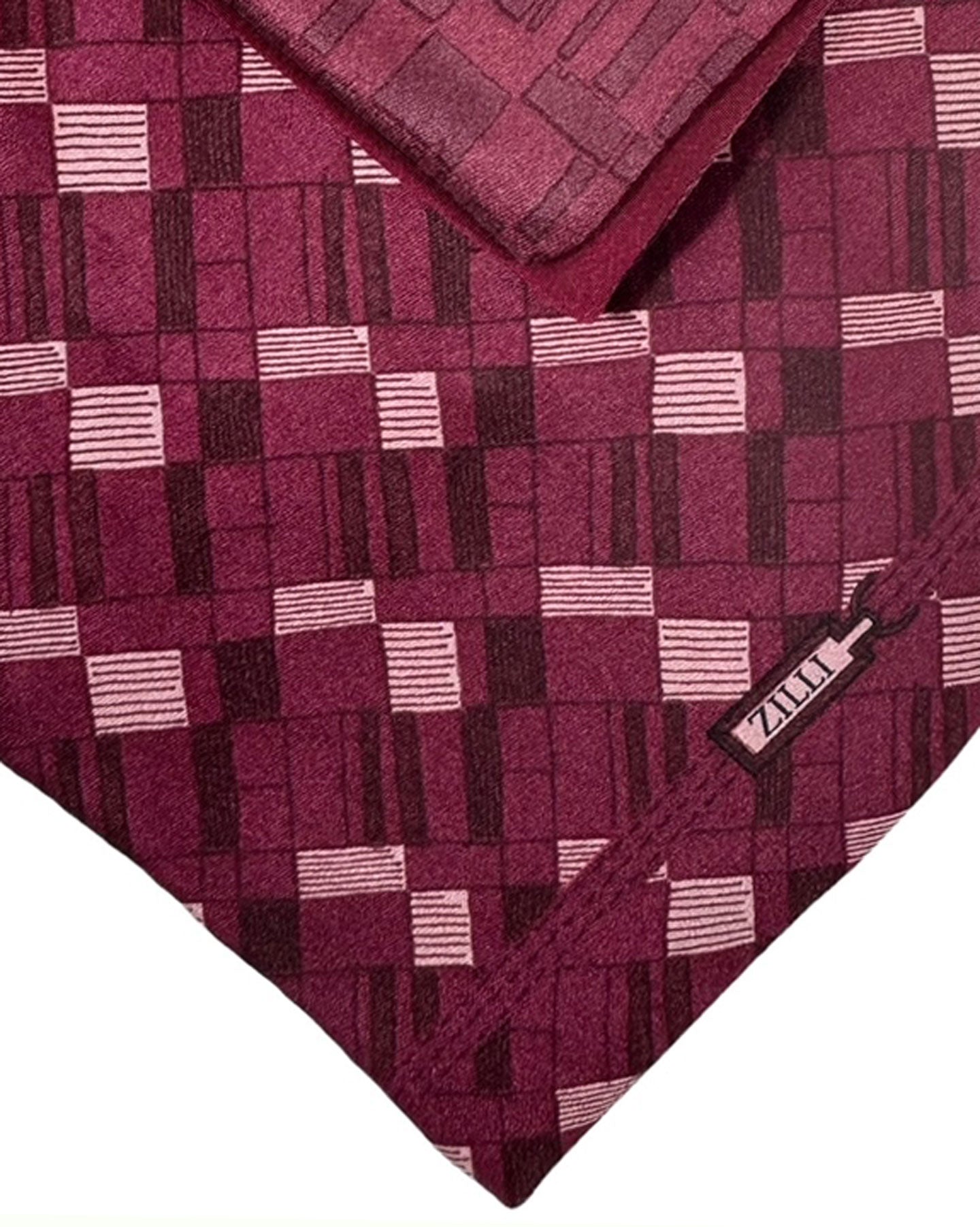 Zilli Tie & Matching Pocket Square Set Wine Purple Micro Pattern Design