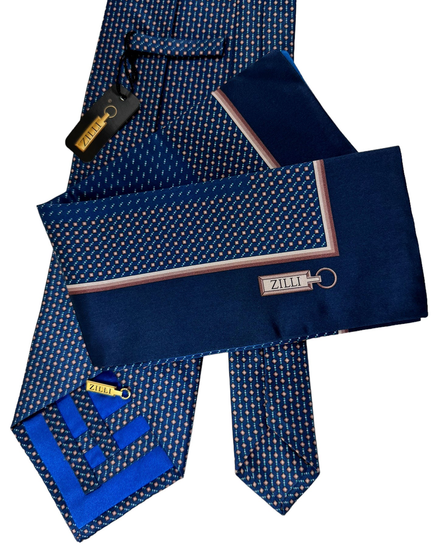 Zilli Tie & Matching Pocket Square Set Midnight Blue Micro Pattern