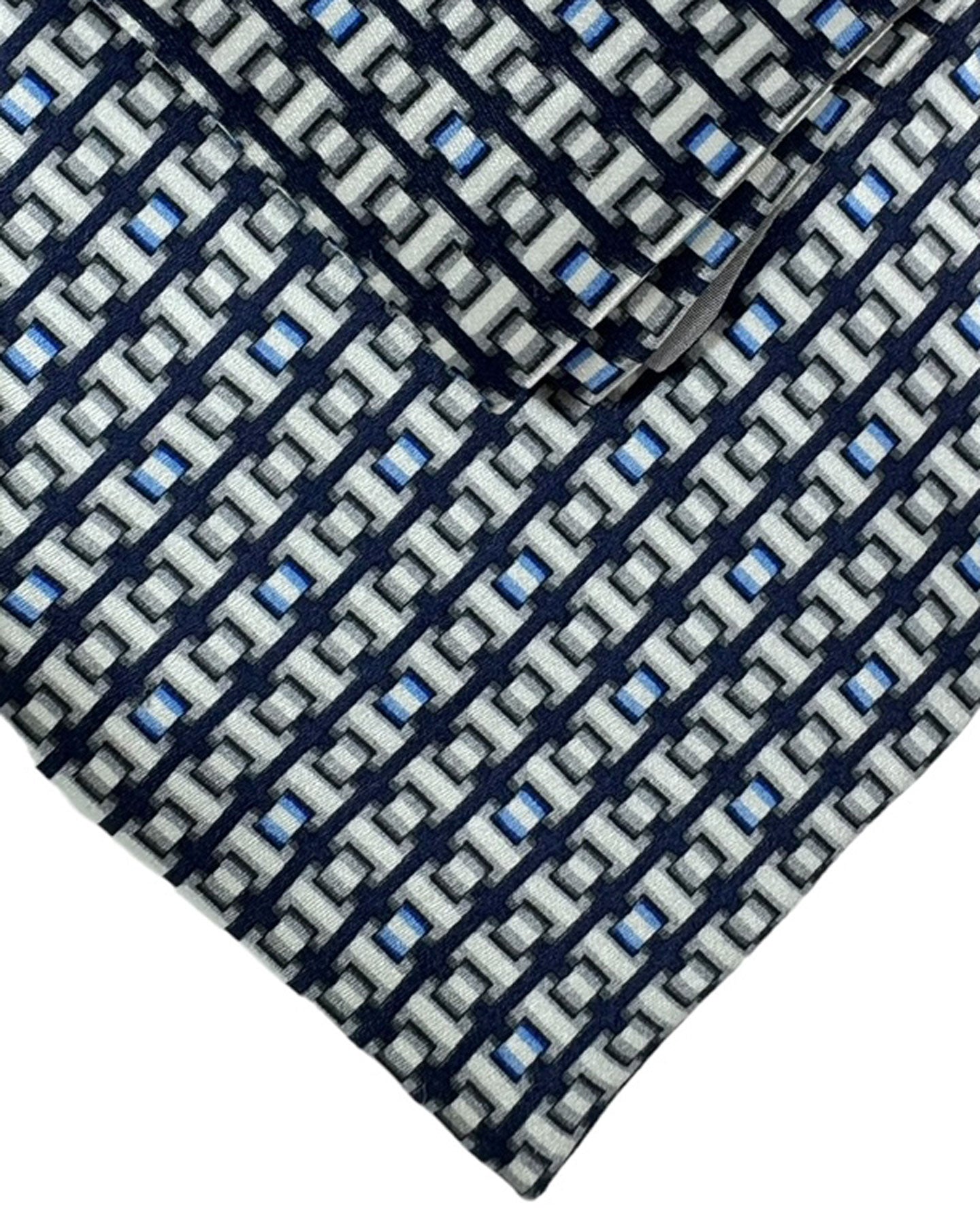 Zilli Tie & Matching Pocket Square Set Silver Gray Blue Geometric