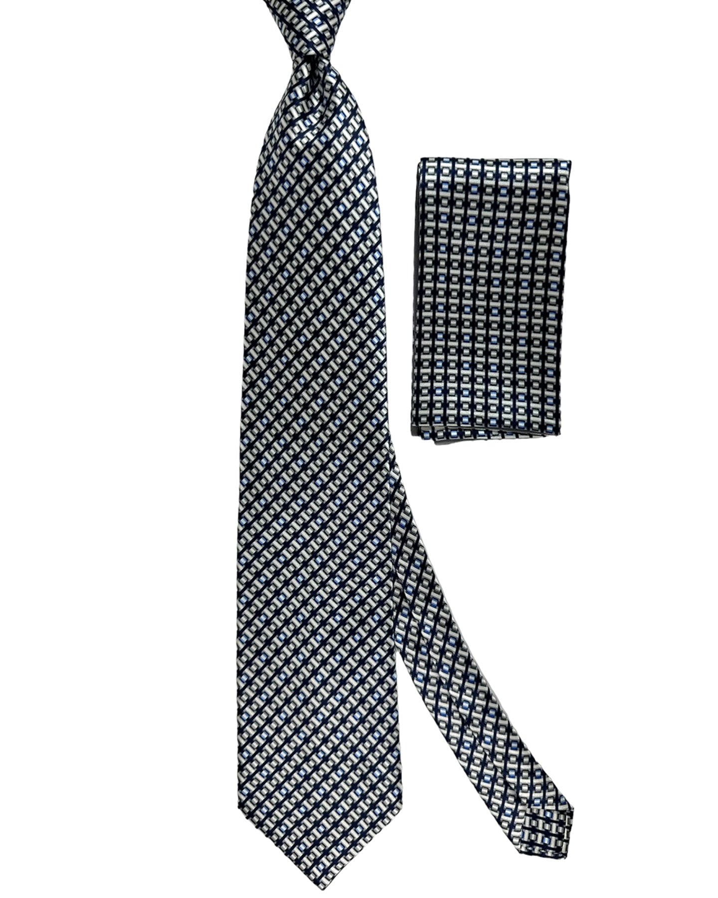 Zilli Tie & Matching Pocket Square Set Silver Gray Blue Geometric