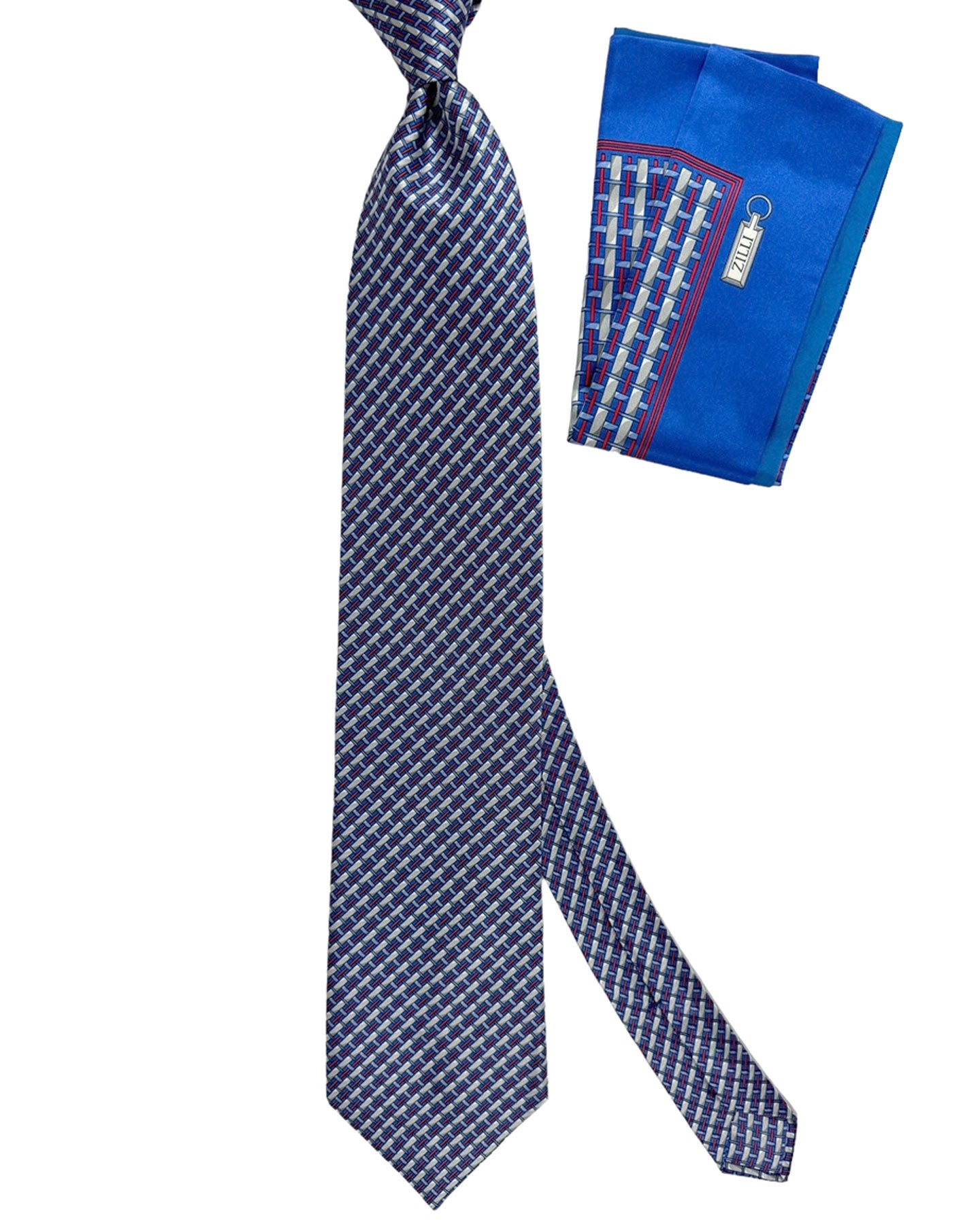 Zilli Tie & Matching Pocket Square Set Midnight Blue Red Gray Stripes