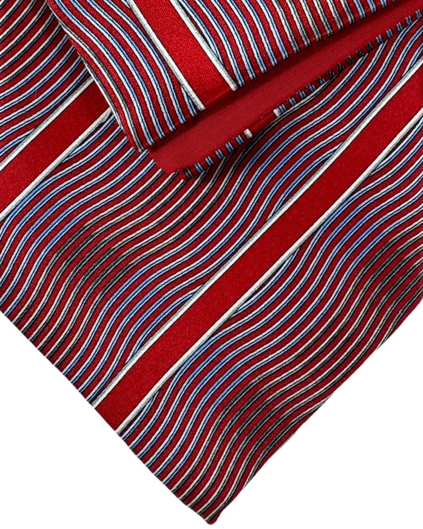 Zilli Tie & Matching Pocket Square Set Dark Red Silver Blue Stripes