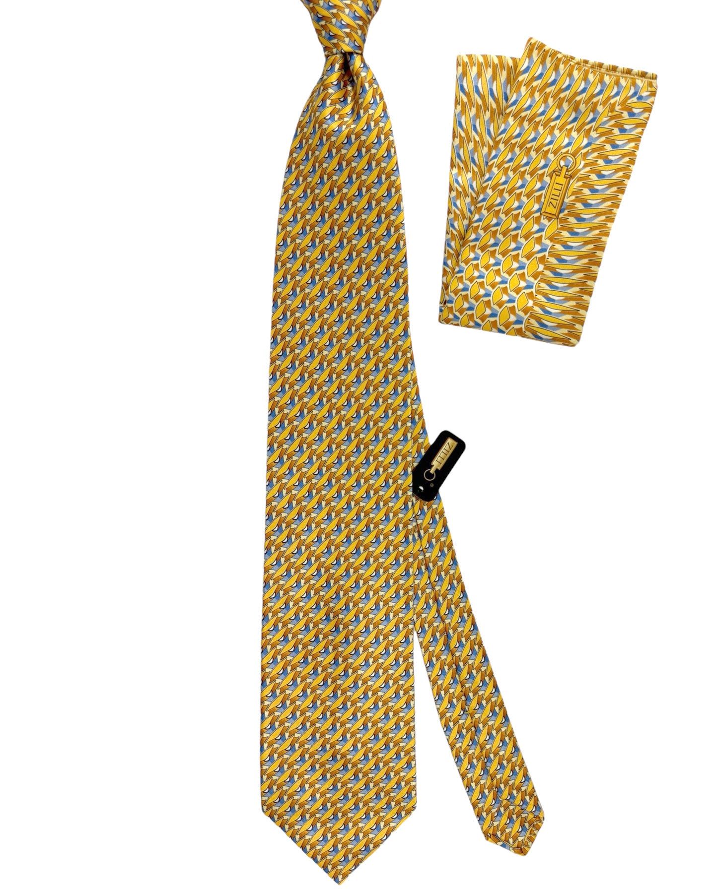 Zilli Tie & Matching Pocket Square Set Mustard Yellow Geometric